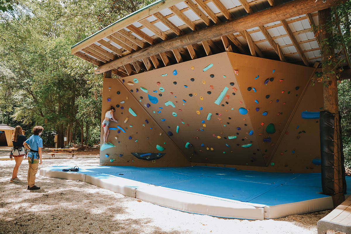 The 30-foot-wide bouldering wall went in this summer.
